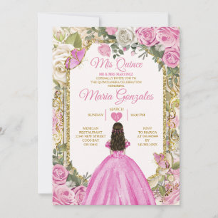 Invitación Rosa y Blanco Mis Quince Anos Corona de Oro