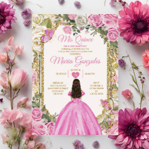 Invitación Rosa y Blanco Mis Quince Anos Corona de Oro