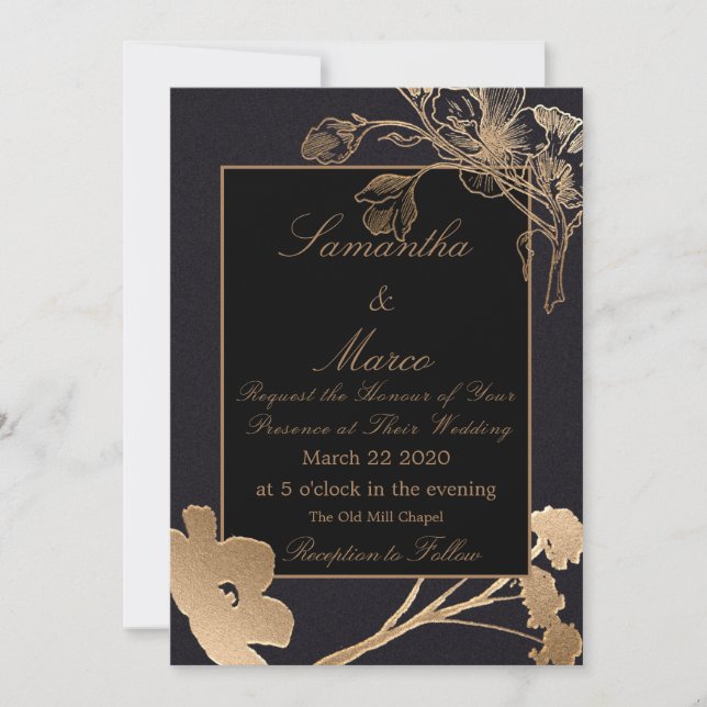 Invitación Rosa y Boda de flores de oro y negro (Anverso)