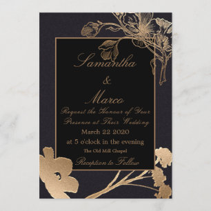 Invitación Rosa y Boda de flores de oro y negro