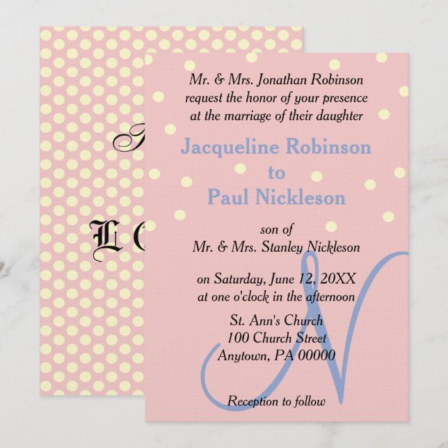 Invitación Rosa y Boda de Monograma Azul puntos Polka (Anverso / Reverso)
