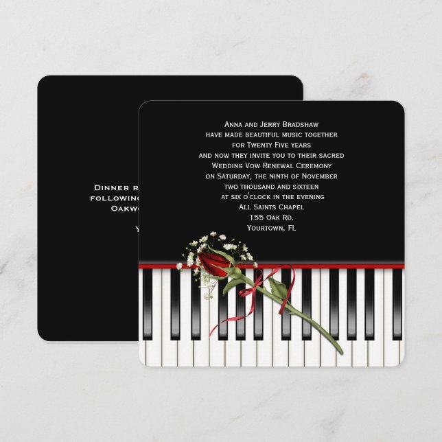 Invitación Rosa y Boda de piano promete renovación (Anverso / Reverso)