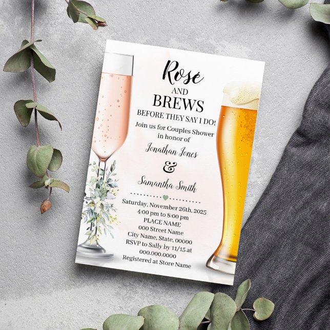 Invitación Rosa y breves Parejas Boda Eucalyptus Greenerenery (Rose and Brews Before They say I do, Couples Shower Invitation)