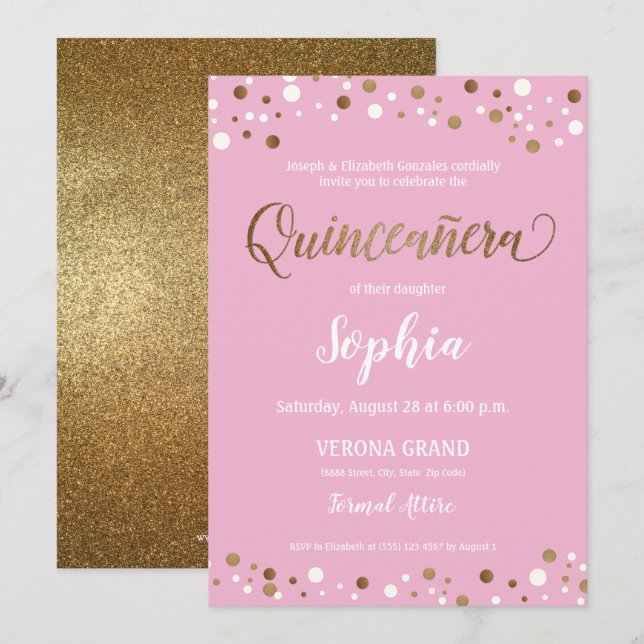 Invitación Rosa y cumpleaños de Quinceanera del confeti del (Anverso / Reverso)