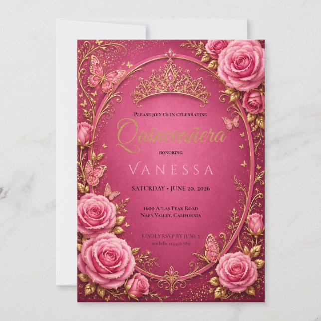 Invitación rosa y dorada de Quinceañera (Anverso)
