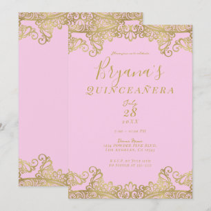 Invitación Rosa y Dorado Brillo de Encaje Elegante Quinceañer