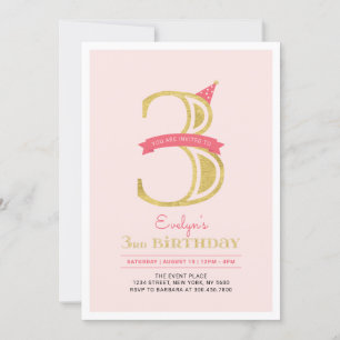 Invitación Rosa y Dorado   Cumpleaños de 3 años de una niña