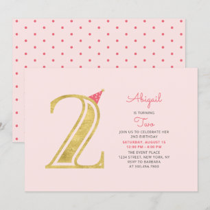 Invitación Rosa y dorado   Cumpleaños moderno de niña 2 años