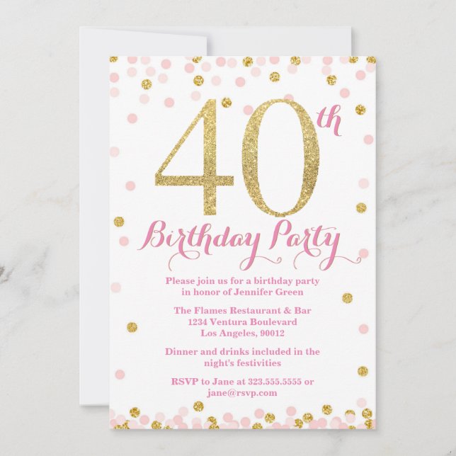 Invitación Rosa y fiesta de cumpleaños del purpurina del oro (Anverso)