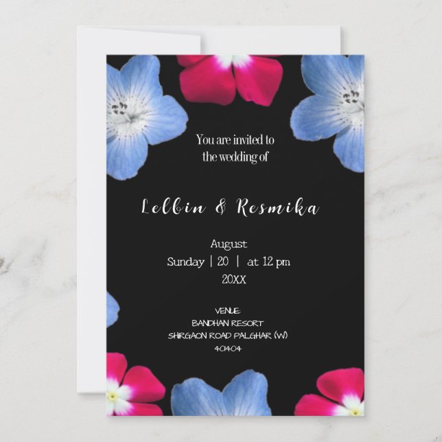 Invitación Rosa y flor azul en negro (Anverso)
