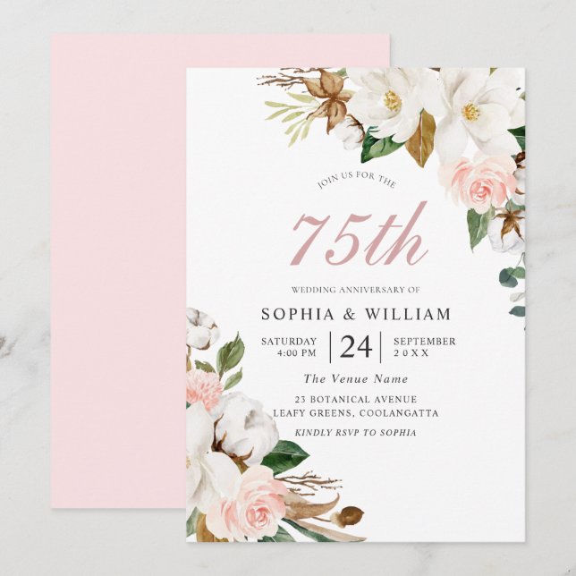 Invitación Rosa y Flores Blancas 75 Aniversario de Boda (Anverso / Reverso)