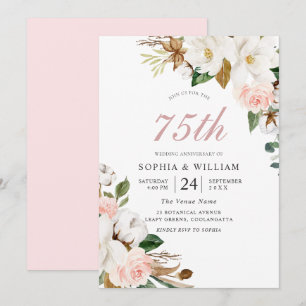 Invitación Rosa y Flores Blancas 75 Aniversario de Boda