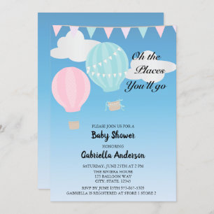 Invitación Rosa y globo azul Baby Shower del aire caliente