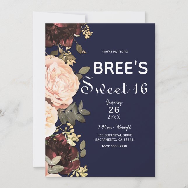 Invitación Rosa y granate floral verde azul marino Dulces 16 (Anverso)