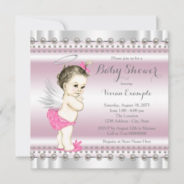 Invitación Rosa y Gris Angel Pearl Baby Shower (Anverso)