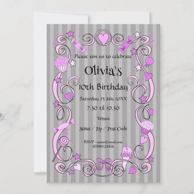 Invitación rosa y gris de cumpleaños dulce (Anverso)