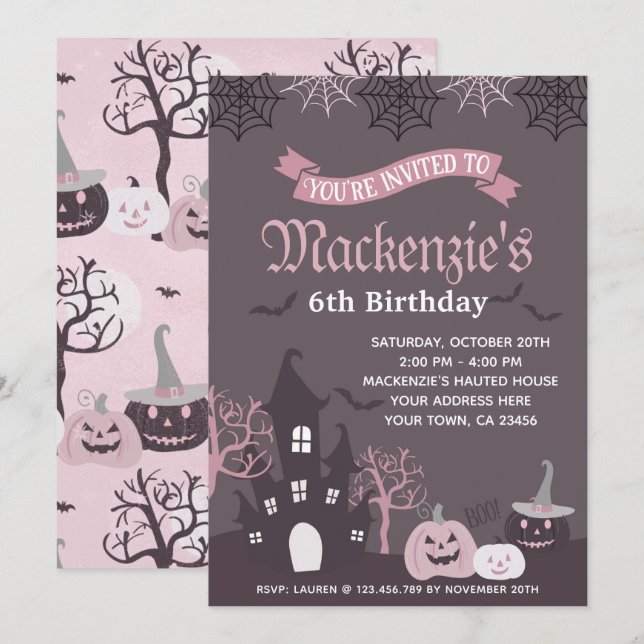 Invitación rosa y negra de Halloween (Anverso / Reverso)
