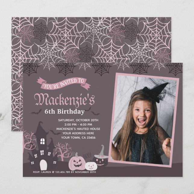 Invitación rosa y negra de Halloween con foto (Anverso / Reverso)