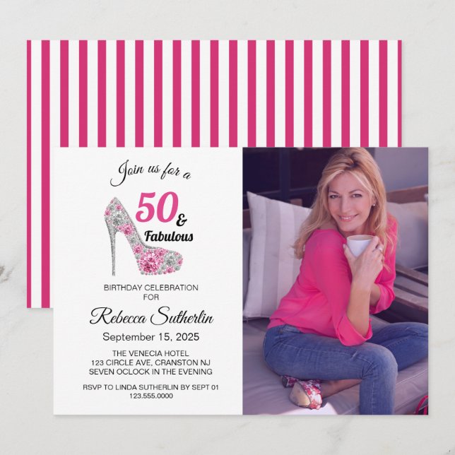Invitación Rosa y Negro 50 y fabulosa fiesta de cumpleaños (Anverso / Reverso)