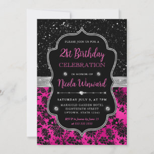 Invitación Rosa y negro brillo floral damasco cumpleaños 21