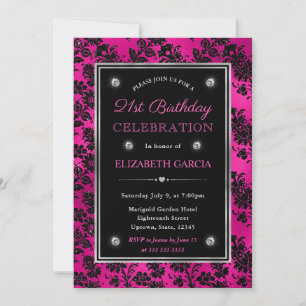 Invitación Rosa y negro brillo floral damasco cumpleaños 21