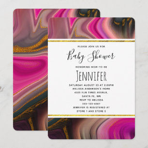 Invitación Rosa y negro con Baby Shower de remolinos de oro