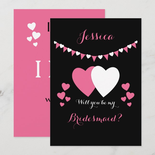 Invitación Rosa y negro con lienzo y corazones Bridesmaid (Anverso / Reverso)