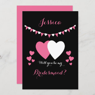Invitación Rosa y negro con lienzo y corazones Bridesmaid