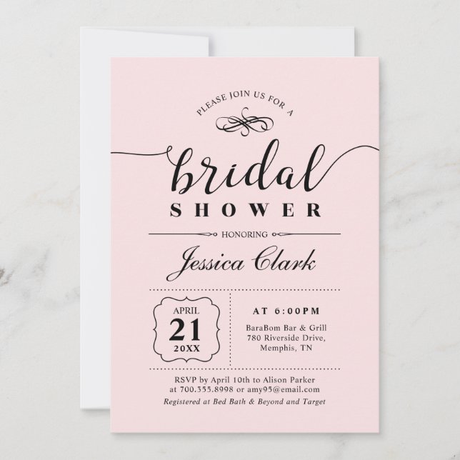 Invitación Rosa y negro | Ducha nupcial elegante (Anverso)