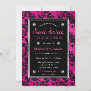 Invitación Rosa y negro purpurina floral damasco Sweet 16