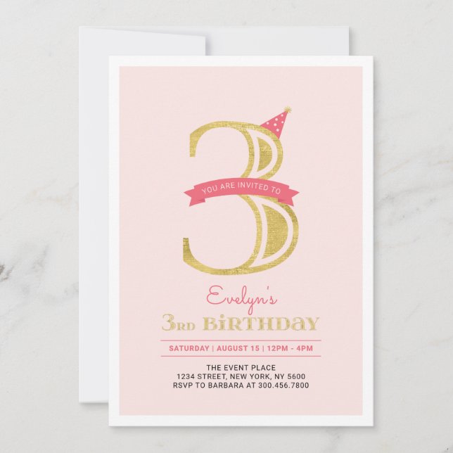 Invitación Rosa y oro | Chica 3er Fiesta de cumpleaños (Anverso)