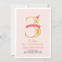 Invitación Rosa y oro | Chica 3er Fiesta de cumpleaños