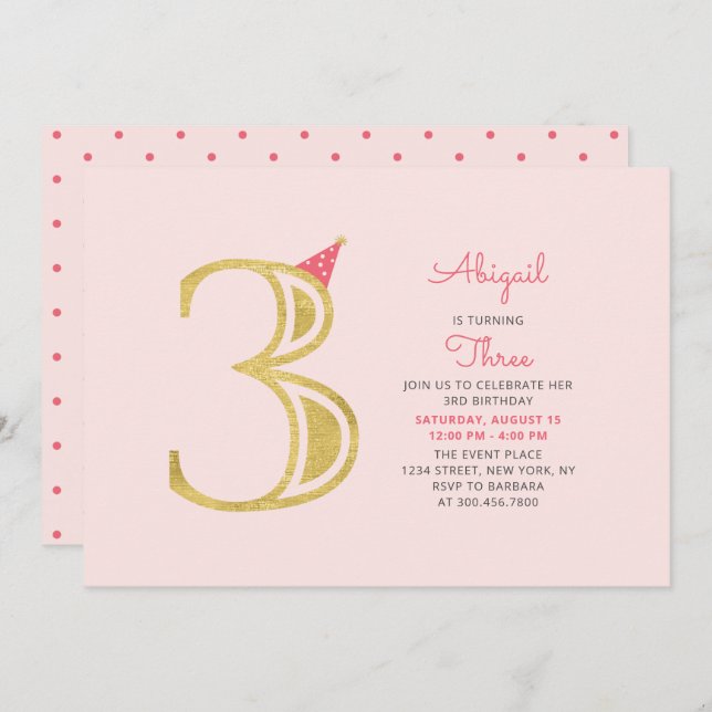 Invitación Rosa y oro | Chica moderno lindo Fiesta de tercer  (Anverso / Reverso)