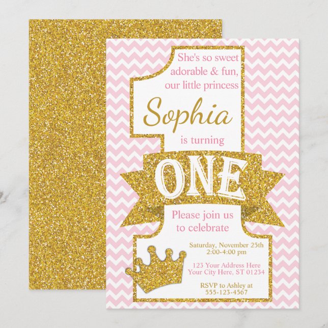 Invitación Rosa y oro de princesa First Birthday Invitation (Anverso / Reverso)
