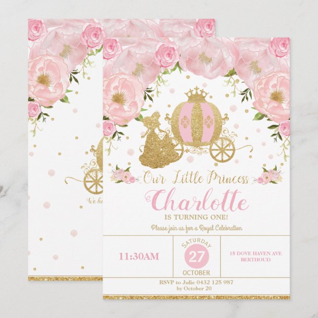 Invitación Rosa y oro del carro de la fiesta de la princesa (Anverso / Reverso)