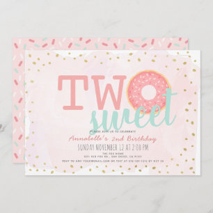 Invitación Rosa y Oro Donut Dos Dulces Chicas Segundo Cumplea