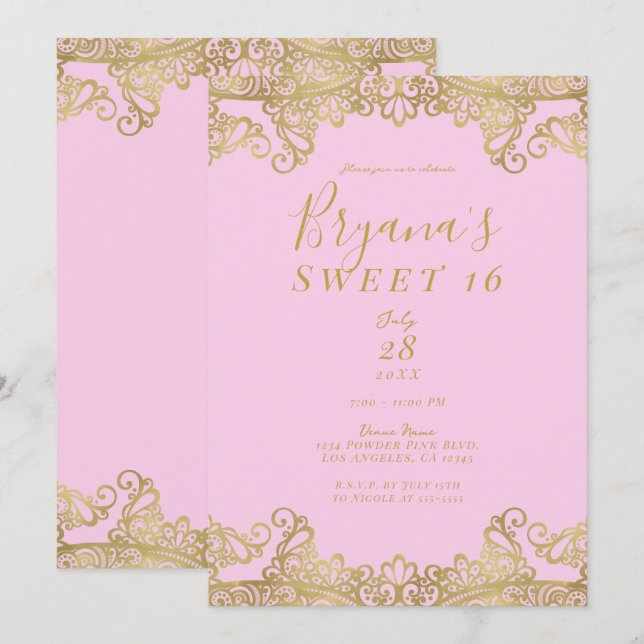 Invitación Rosa y Oro Lace Elegante Dulce 16 Fiesta (Anverso / Reverso)