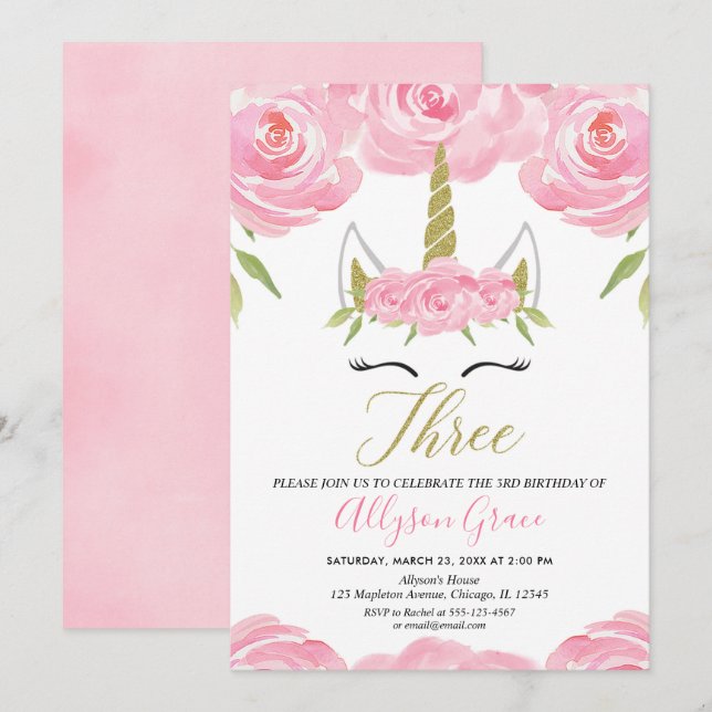 Invitación rosa y oro Unicornio chica de 3 años (Anverso / Reverso)