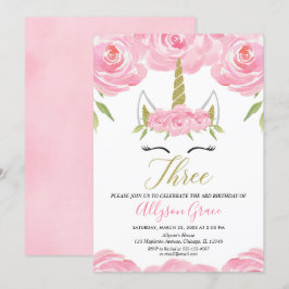 Invitación rosa y oro Unicornio chica de 3 años