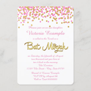 Invitación Rosa y palo Mitzvah del confeti del oro