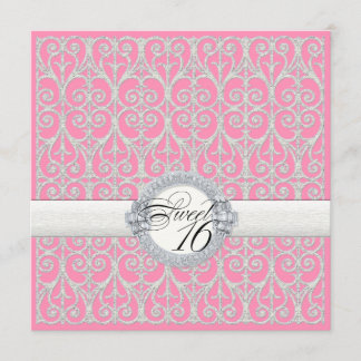 Invitación Rosa y plata, diamantes y cordón, dulce dieciséis