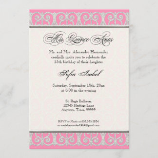 Invitación Rosa y Plata, Diamantes y encajes, Mis Quince Anos