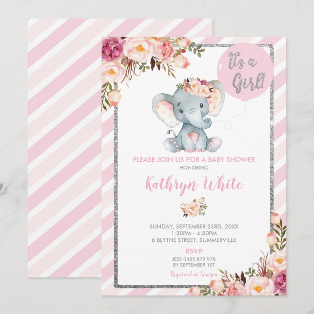 Invitación rosa y plateada para Elephant Baby Show (Anverso / Reverso)