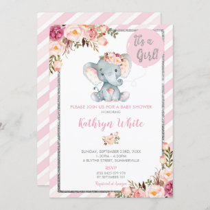 Invitación rosa y plateada para Elephant Baby Show