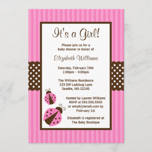 Invitación Rosa y puntos rayados Baby Shower de la mariquita