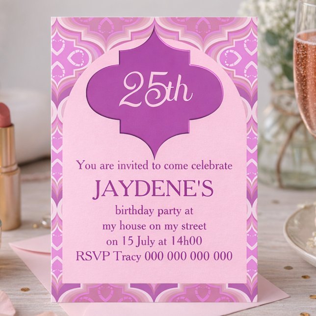 Invitación rosa y púrpura con emblema ornamental (A bold badge with a 3D look (but flat print) and your chosen age front and center. Customize it now.)