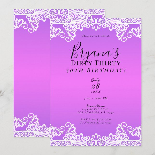 Invitación Rosa y Purpura Encaje Blanco Cumpleaños 30 Sucios  (Anverso / Reverso)