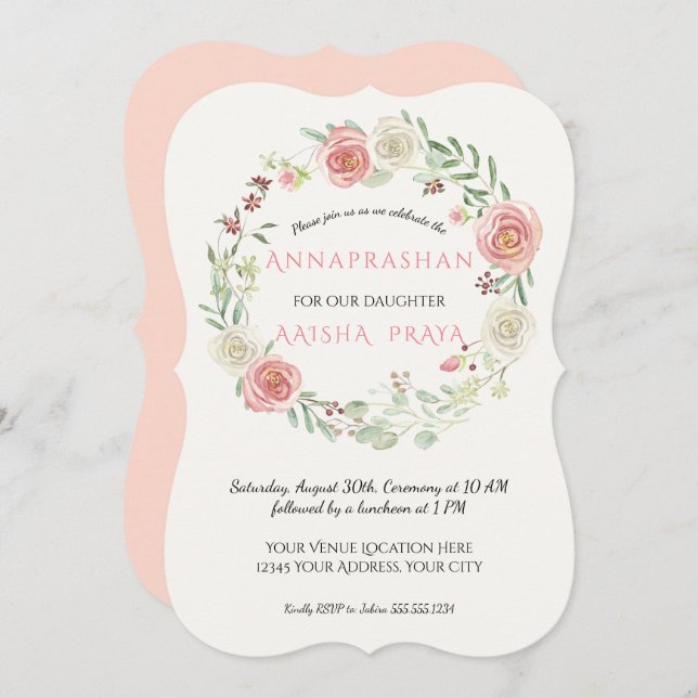 Invitación Rosa y rosa blanca Wreath Annaprashan Baby Girl (Anverso / Reverso)