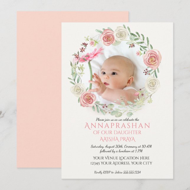Invitación Rosa y Rosas de Marfil escribieron a Annaprashan B (Anverso / Reverso)