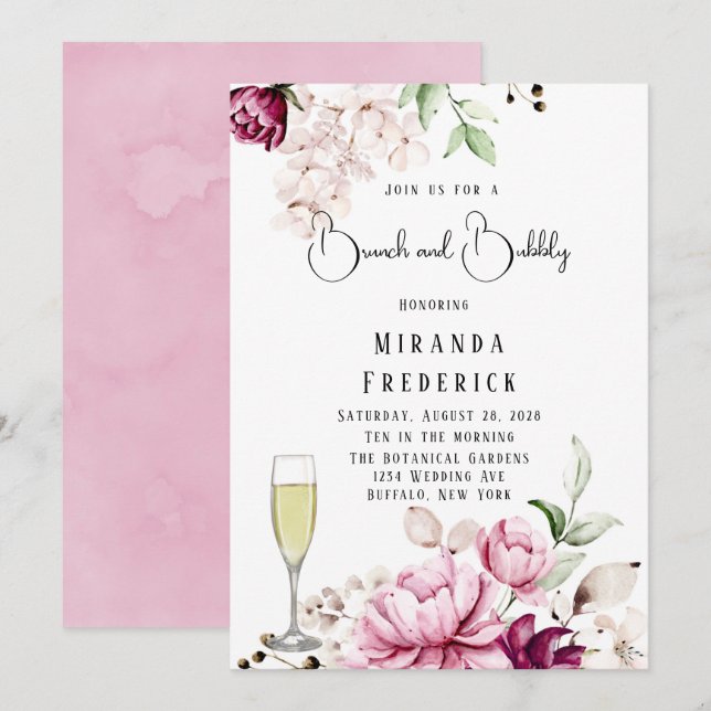 Invitación Rosa y Rubor Paint Peony Brunch y Bubbly (Anverso / Reverso)